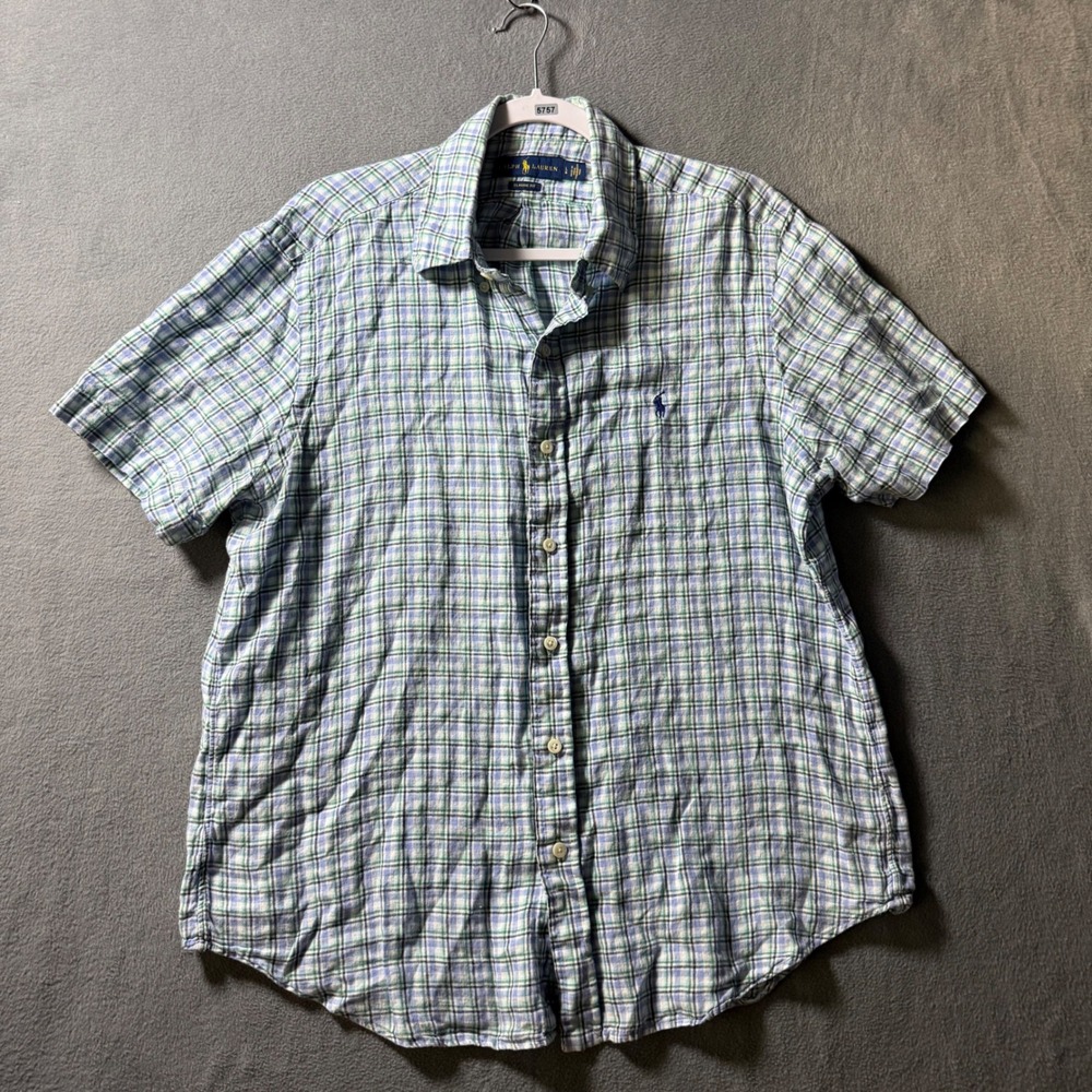 Ralph Lauren Mens Large Linen Plaid Short Sleeve Button Down Shirt Blue Green